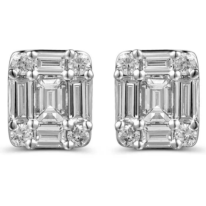 Meierotto Jewelers Earrings 18K White Gold Cluster Baguette and Round Diamond Stud Earrings