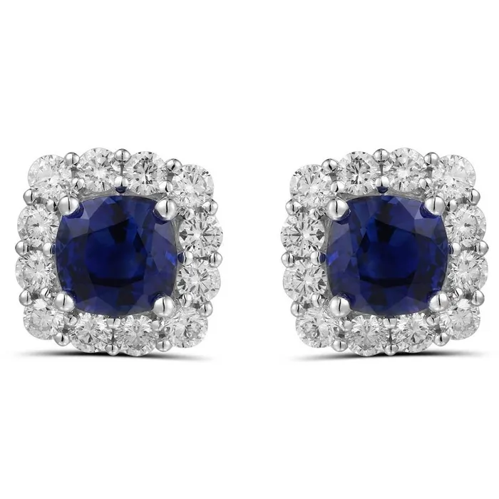 Meierotto Jewelers Earrings 18K White Gold Cushion Sapphire Stud Earrings with Diamond Halo