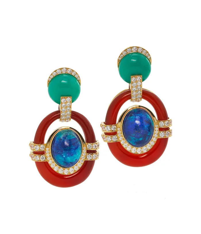David Webb Workshop Streamline Earrings Carnelian Chrysoprase Azurmalachite Earrings