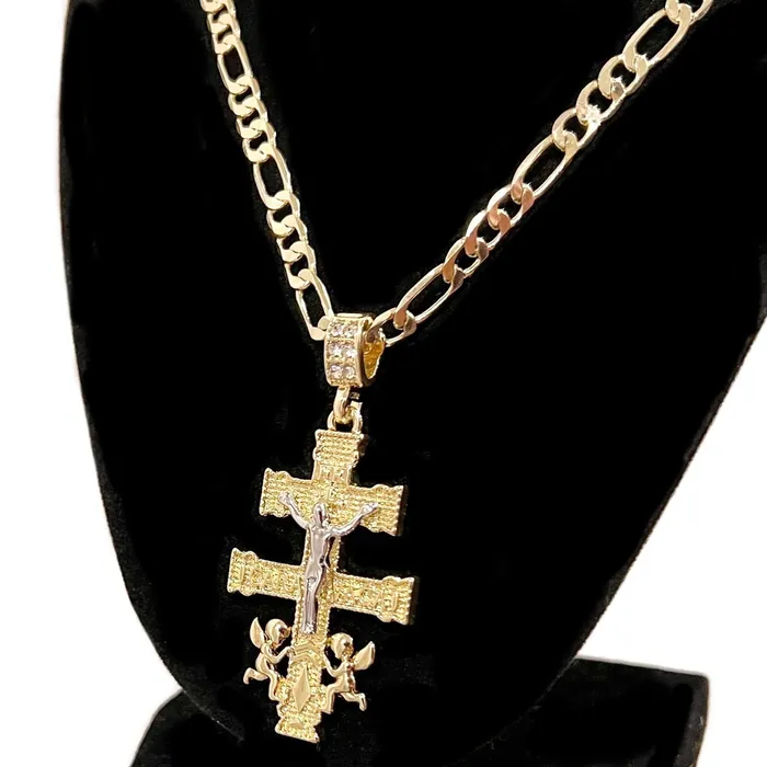 14K Gold Plated Cruz de Caravaca Cadena Necklace Oro Laminado Figaro Chain 24 Bling Cartel Necklaces