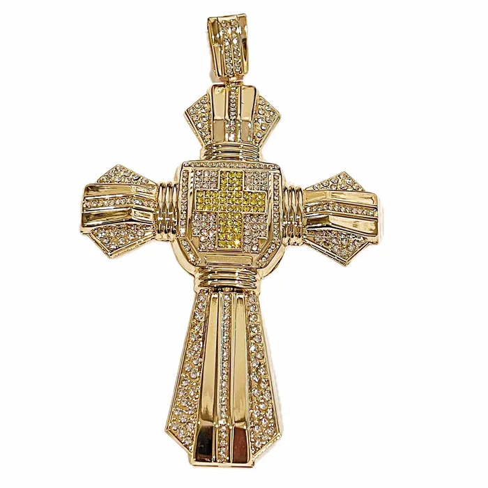 14K Gold Plated Huge Cross Pendant Iced White and Yellow Iced Flooded Out Bling Cartel Necklaces
