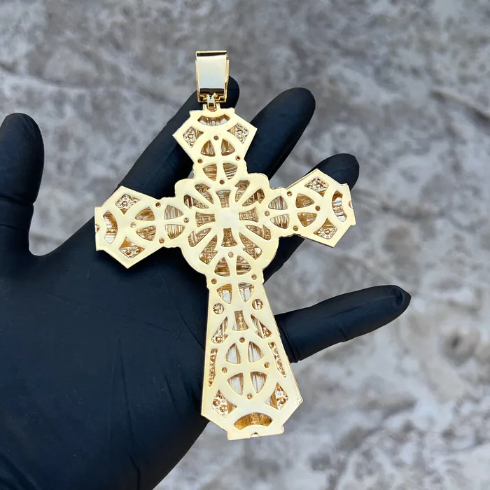14K Gold Plated Huge Cross Pendant Iced White and Yellow Iced Flooded Out Bling Cartel Necklaces