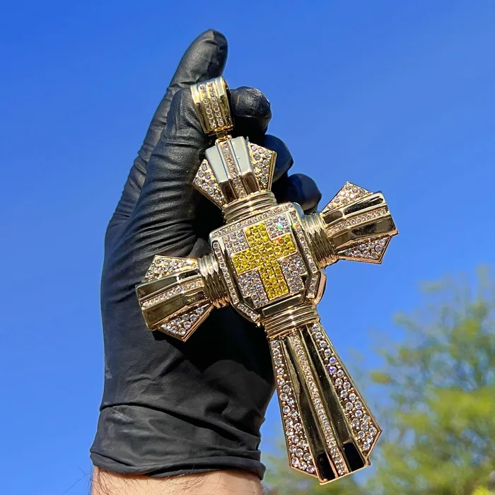 14K Gold Plated Huge Cross Pendant Iced White and Yellow Iced Flooded Out Bling Cartel Necklaces