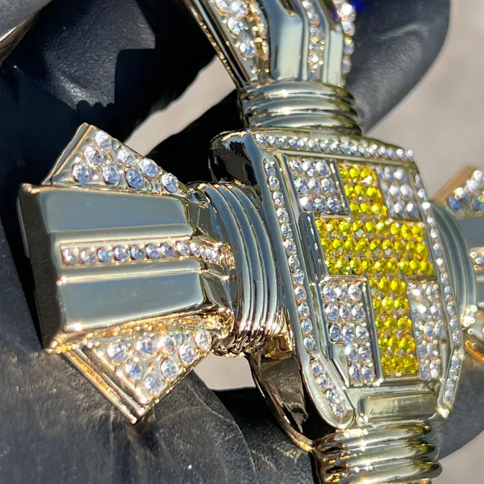 14K Gold Plated Huge Cross Pendant Iced White and Yellow Iced Flooded Out Bling Cartel Necklaces