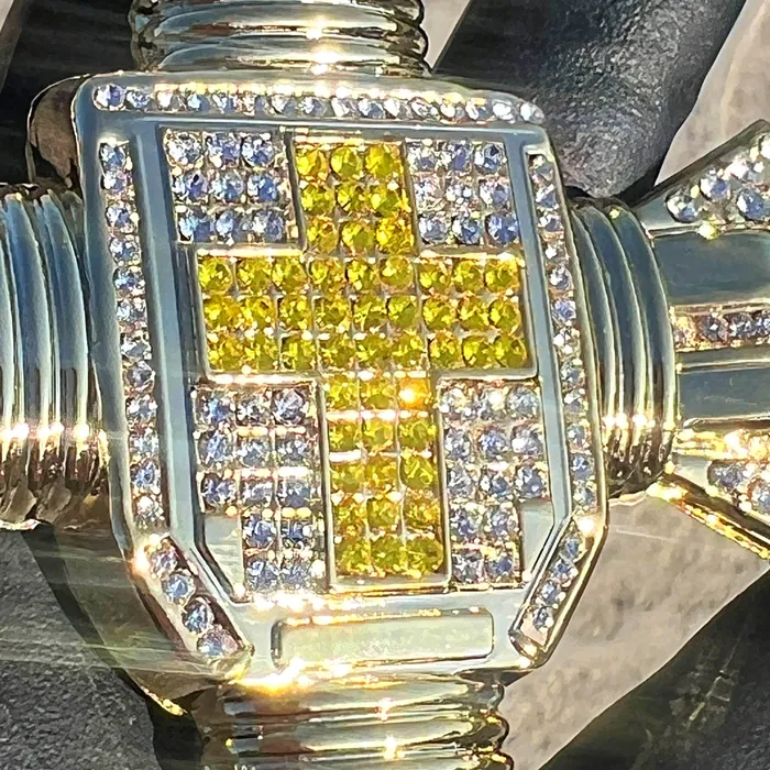 14K Gold Plated Huge Cross Pendant Iced White and Yellow Iced Flooded Out Bling Cartel Necklaces