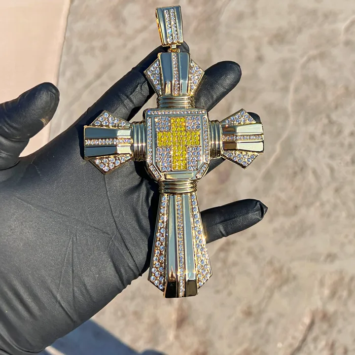 14K Gold Plated Huge Cross Pendant Iced White and Yellow Iced Flooded Out Bling Cartel Necklaces