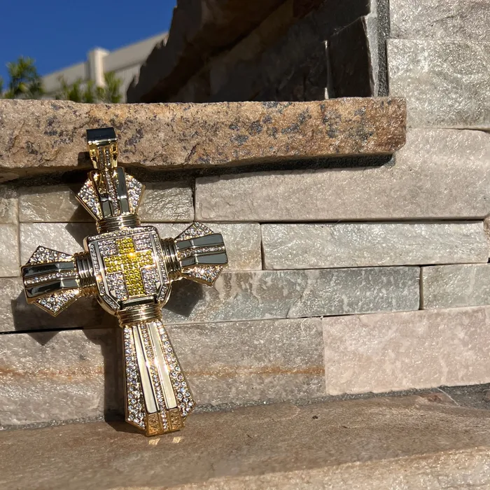 14K Gold Plated Huge Cross Pendant Iced White and Yellow Iced Flooded Out Bling Cartel Necklaces