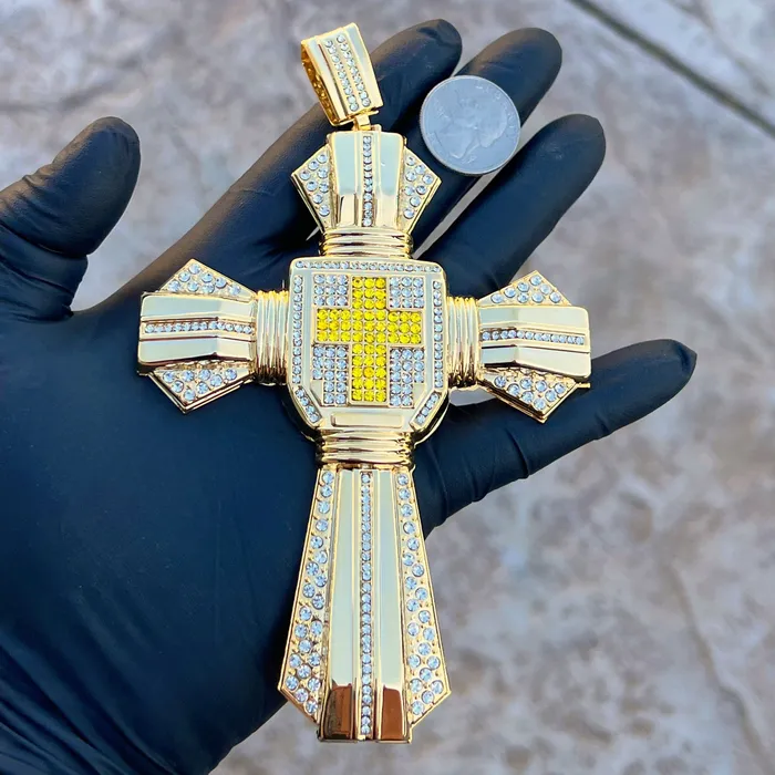 14K Gold Plated Huge Cross Pendant Iced White and Yellow Iced Flooded Out Bling Cartel Necklaces