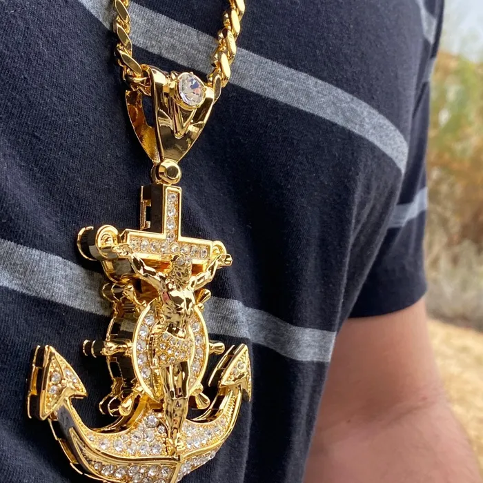 18K Gold Plated Iced Mariners Cross Jesus Anchor Chain Necklace 30 Bling Cartel Admin Necklaces