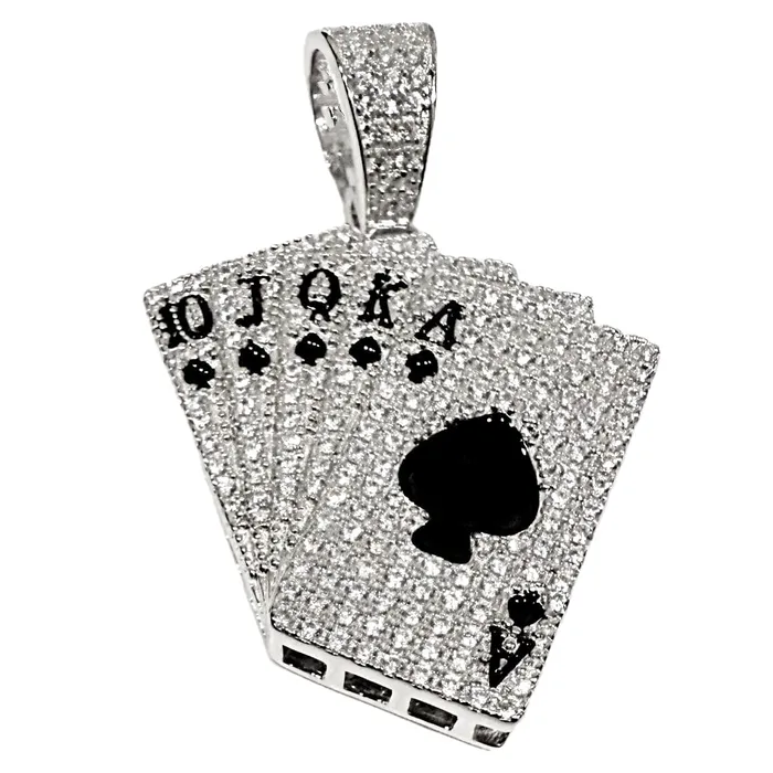 Bling Cartel Necklaces 925 Sterling Silver Pendant Playing Cards CZ Royal Flush Aces of Spades