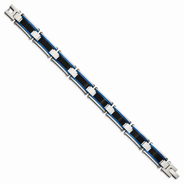 Bracelets Chisel Stainless Steel Brushed and Polished Black Blue IPplated 875in Bracelet