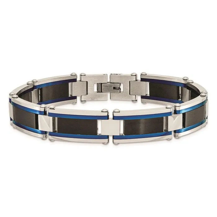 Bracelets Chisel Stainless Steel Brushed and Polished Black Blue IPplated 875in Bracelet