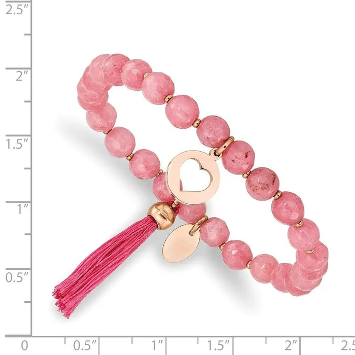 Chisel Bracelets Stainless Steel Polished Rose IP Heart wTassel Pink Jade Beaded Bracelet Chisel Bracelets Stainless Steel Polished Rose IP Heart wTassel Pink Jade Beaded Bracelet