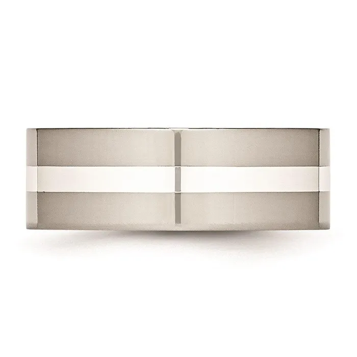 Chisel Stainless Steel Sterling Silver Inlay Flat 8mm Polished Band Rings