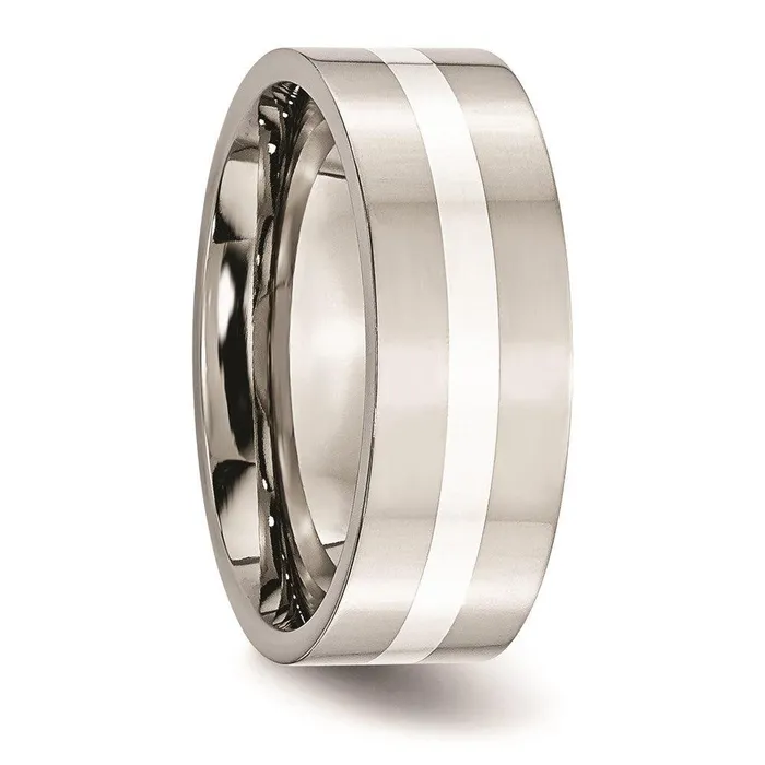 Chisel Stainless Steel Sterling Silver Inlay Flat 8mm Polished Band Rings