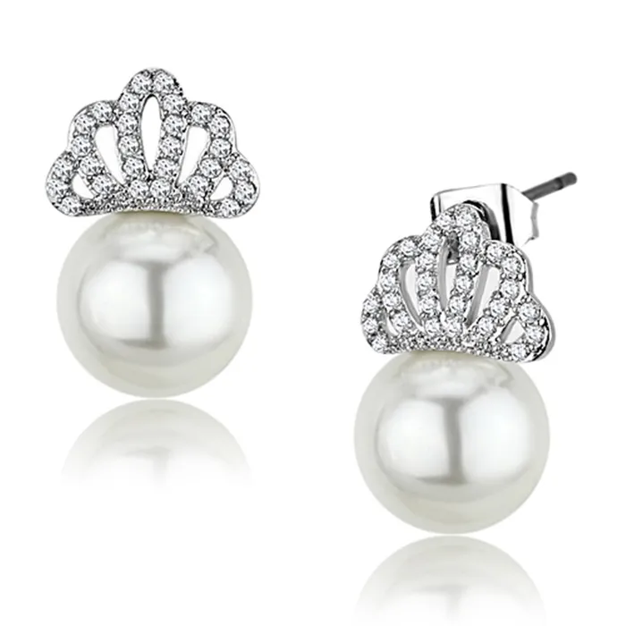 Earrings 3W383 Rhodium Brass Earrings with Synthetic Pearl in White Alamode