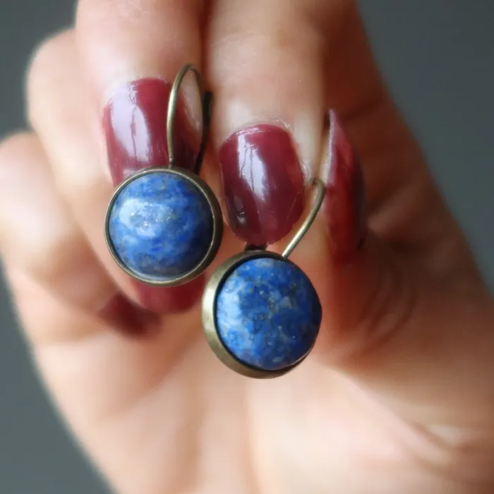 Earrings Lapis Earrings Blue Coin Antiqued Bronze Leverback Satin Crystals