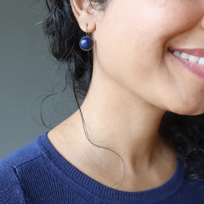 Earrings Lapis Earrings Blue Coin Antiqued Bronze Leverback Satin Crystals