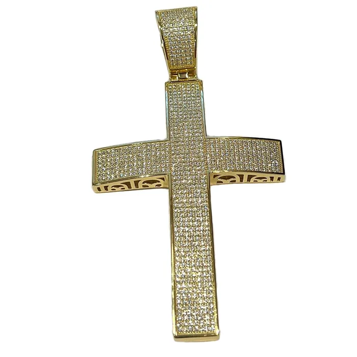 Harlem 14K Gold Plated 925 Sterling Silver Big Cross Pendant Iced Micro Pave CZ 325 Necklaces