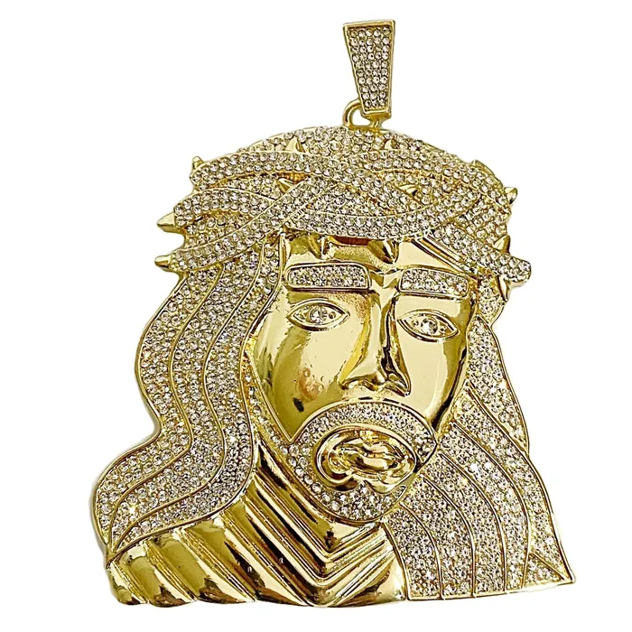 Necklaces 14K Gold Finish Jesus Head Huge Jumbo Pendant Iced Eyebrows Bling Cartel