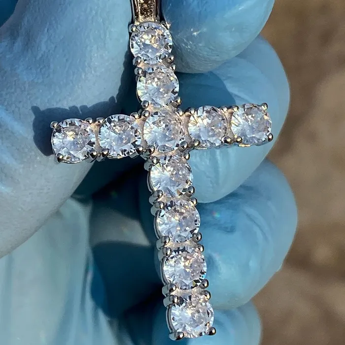 Necklaces Bling Cartel Admin 925 Sterling Silver Tennis Cross Pendant Iced CZ Flooded Out 175