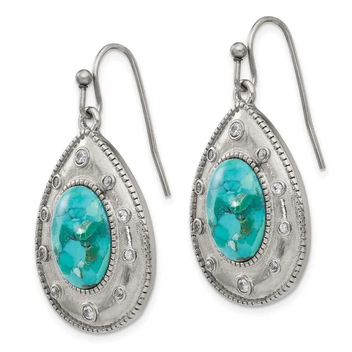 Stainless Steel Polished Imitation Turquoise and CZ Shepherd Hook Earrings Chisel Earrings