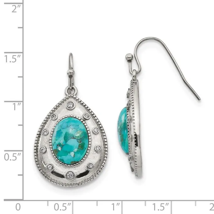Stainless Steel Polished Imitation Turquoise and CZ Shepherd Hook Earrings Chisel Earrings