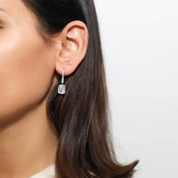 Earrings BERRICLE Solitaire Emerald Cut CZ Leverback Earrings in Sterling Silver