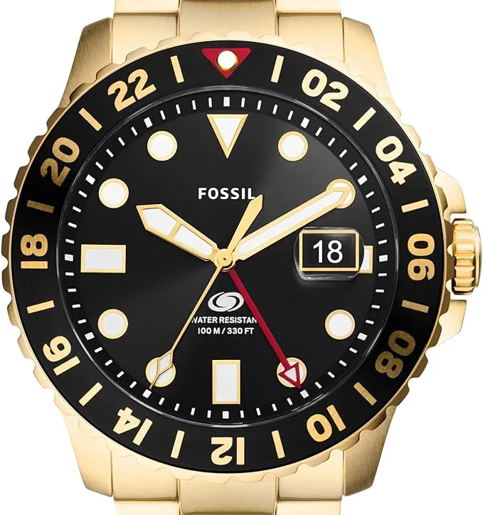 Earrings Fossil Fossil Blue GMT Gents Black Dial GoldTone Stainless Steel Watch