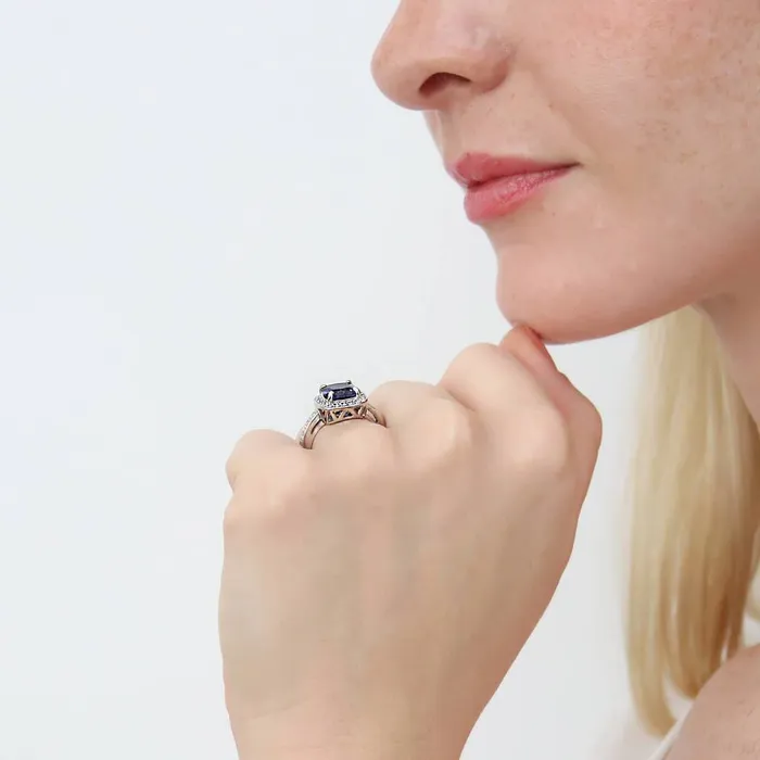 Halo Simulated Blue Sapphire Cushion CZ Ring in Sterling Silver BERRICLE Rings