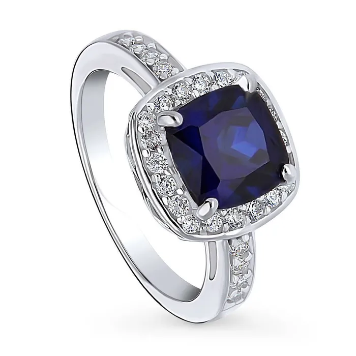 Halo Simulated Blue Sapphire Cushion CZ Ring in Sterling Silver BERRICLE Rings