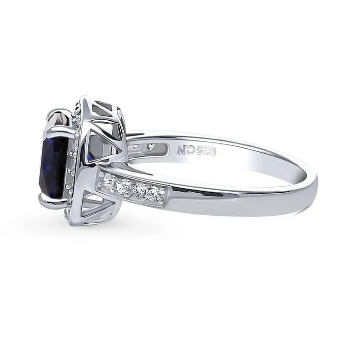 Halo Simulated Blue Sapphire Cushion CZ Ring in Sterling Silver BERRICLE Rings