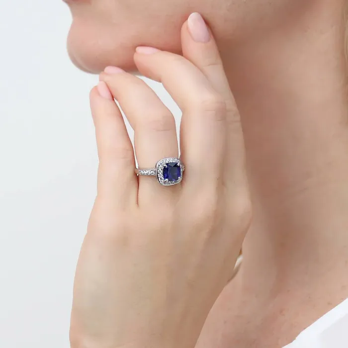 Halo Simulated Blue Sapphire Cushion CZ Ring in Sterling Silver BERRICLE Rings