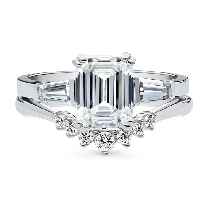 Rings BERRICLE 3Stone Wishbone 21ct Emerald Cut CZ Ring Set in Sterling Silver Rings BERRICLE 3Stone Wishbone 21ct Emerald Cut CZ Ring Set in Sterling Silver