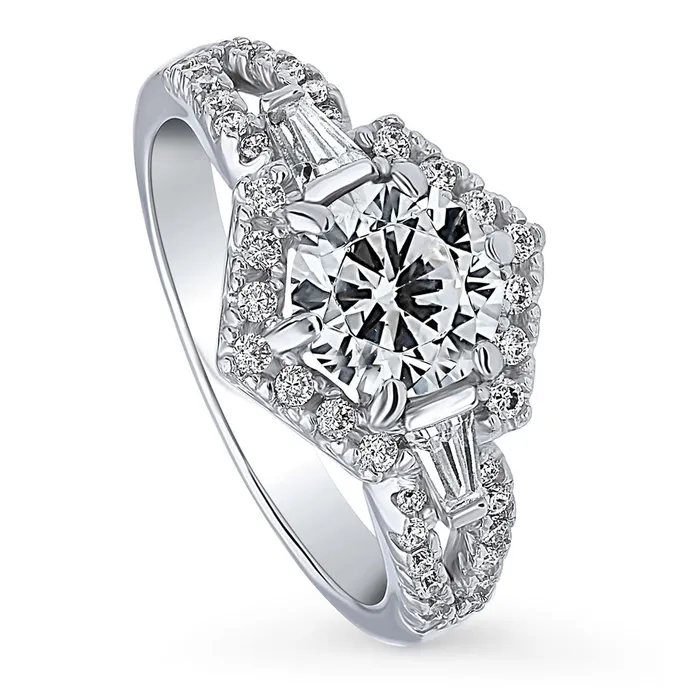 Rings Hexagon Halo 125ct CZ Split Shank Ring in Sterling Silver BERRICLE